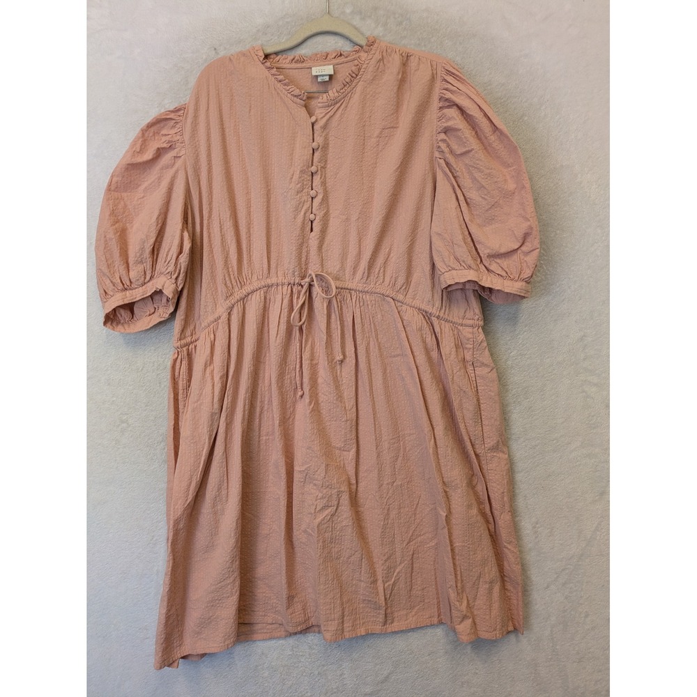 A New Day Mini Dress Women's Large Pink Puff Sleeve Ruffle Neck Drawstring Waist